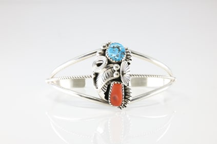 Native America Navajo Sterling Silver Kingman Turquoise & Coral Bracelet Cuff By Max Calladitto.