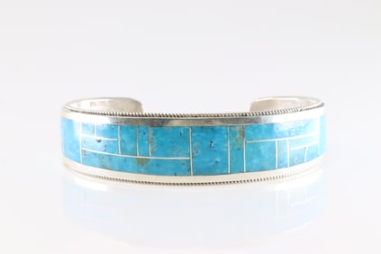 Native America Zuni Sterling Silver Kingman Turquoise Bracelet Cuff By R.G.B.