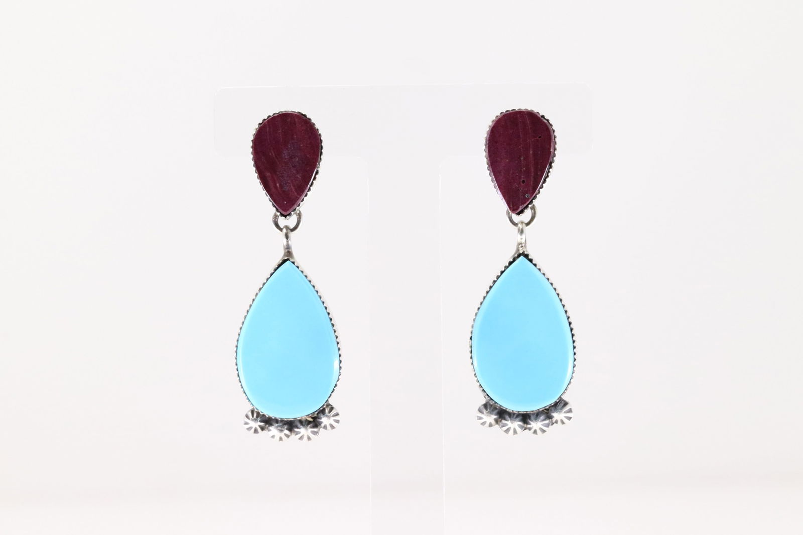 Native America Navajo Sterling Silver Purple Spiny Oyster & Turquoise Post / Dangling Earring's By: This is a Native America Navajo Sterling Silver Purple Spiny Oyster & Turquoise Post / Dangling Earring's By Selina Warner. Stamp SW.