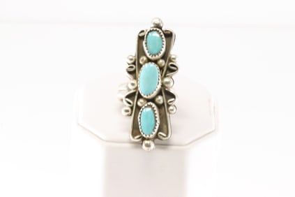 Native America Navajo Sterling Silver Turquoise Ring 3 Stone By J.M.