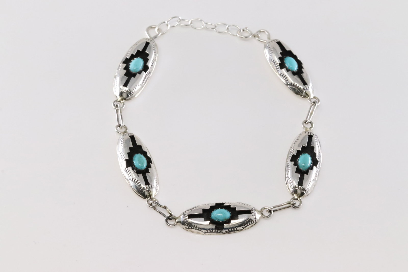Native America Navajo Sterling Silver Turquoise Bracelet Link By Felix Perry. From C Company.: This is a Native America Navajo Sterling Silver Turquoise Bracelet Link By Felix Perry. From C Company. Stamp C, P. Bracelet length: 9.00" Adjustable.