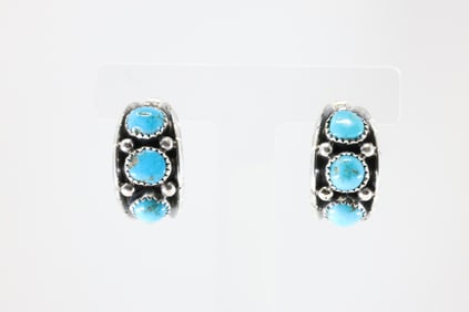 Native America Navajo Sterling Silver Kingman Turquoise Post Hoop Earring's By Reed Charley.