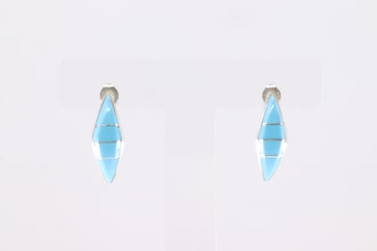 Native America Zuni Sterling Silver Turquoise Inlay Hoop Earring's By Robert Kanesta.