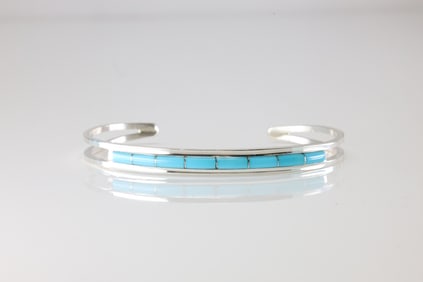 Native America Navajo Sterling Silver Turquoise Inlay Bracelet Cuff By ALM. From Company C.