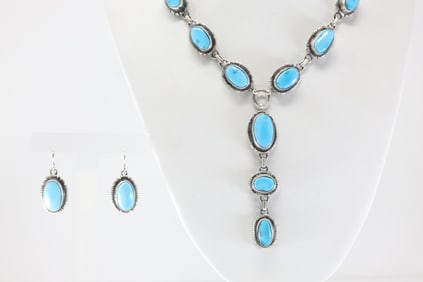 Native America Navajo Sterling Silver Turquoise Necklace / Earring's Set By TF.