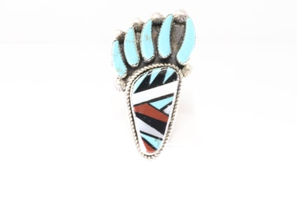 Native America Navajo Sterling Silver Bear Paw Multi-Color Stone Inlay Ring By B.L.