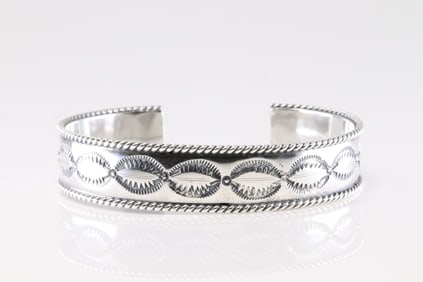 Native America Navajo Sterling Silver Stamped Bracelet Cuff By Jason Bahe.