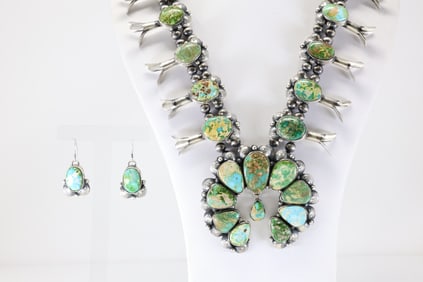 Native America Navajo Sterling Silver Sonora Gold Turquoise Squash Blossom Necklace & Earring's Set