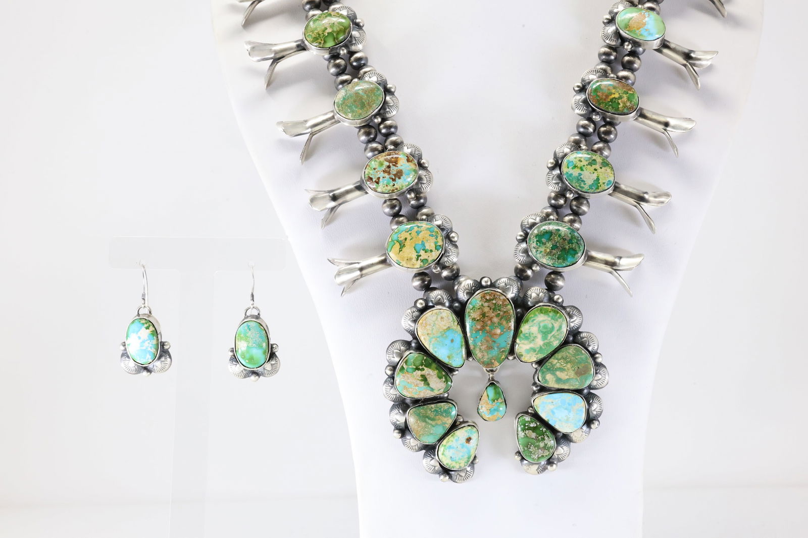 Native America Navajo Sterling Silver Sonora Gold Turquoise Squash Blossom Necklace & Earring's Set (1 of 8)