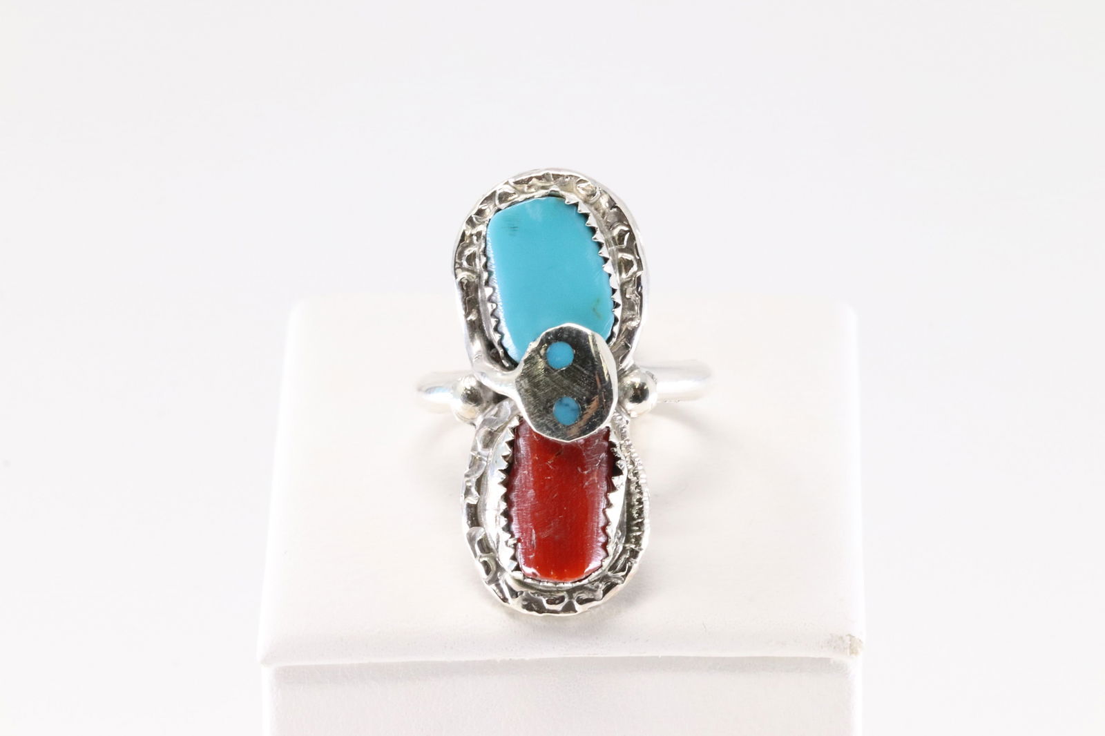 Native America Zuni Sterling Silver Coral & Turquoise Ring By Effie C. (1 of 4)