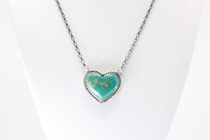 Native America Navajo Sterling Silver Kingman Turquoise Heart Necklace By Donovan Skeet.