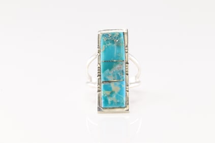 Native America Navajo Sterling Silver Turquoise Inlay Ring By S.F.