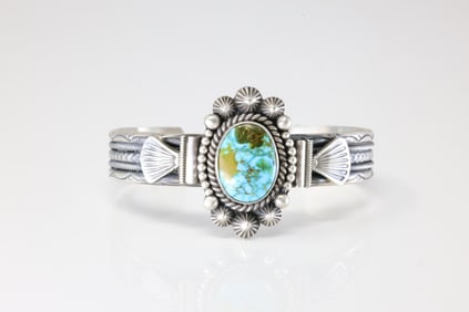 Native America Navajo Sterling Silver Kingman Turquoise Bracelet Cuff By Mike Calladitto.