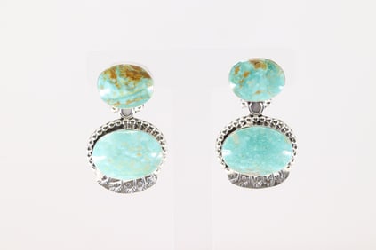 Native America Navajo Sterling Silver Kingman Turquoise Post / Dangling Earring's By Loretta