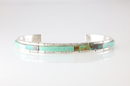 Native America Navajo Sterling Silver Turquoise Inlay Bracelet Cuff By SF.