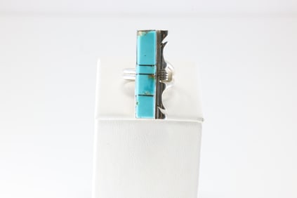 Native America Navajo Sterling Silver Turquoise Inlay Ring By SF.