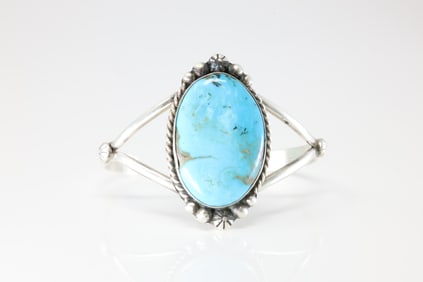 Native American Navajo Sterling Silver Kingman Turquoise Bracelet Cuff By Augustine Largo.