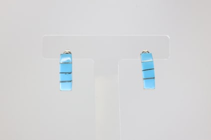 Native America Zuni Sterling Silver Turquoise Inlay Post Earring's By Gilbert Kanesta.