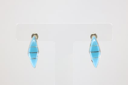 Native America Zuni Sterling Silver Turquoise Inlay Hoo Earring's By Robert Kanesta.