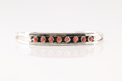 Native America Zuni Sterling Silver Coral Bracelet Cuff By Susie Livingston.