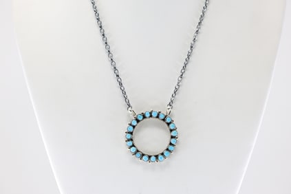 Native America Zuni Sterling Silver Turquoise Necklace By P.Laatr.