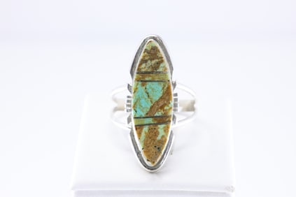 Native America Navajo Sterling Silver Turquoise Inlay Ring By BE.