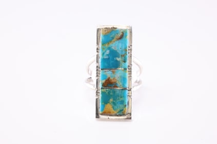 Native America Navajo Sterling Silver Turquoise Inlay Ring By SF.