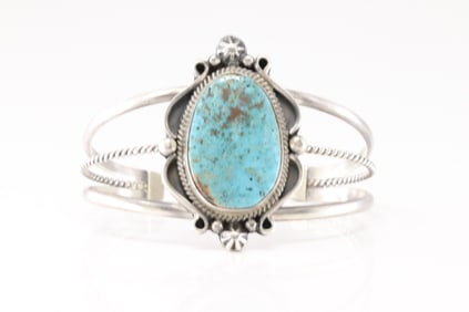 Native America Navajo Sterling Silver Turquoise Bracelet Cuff By Annie Mccran.