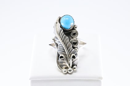 Native America Navajo Sterling Silver Turquoise Ring Leaf By H.M.