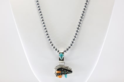 Native America Navajo Sterling Silver Multi-Color Inlay Bear By Ray Jack. With Machine Made Pearl