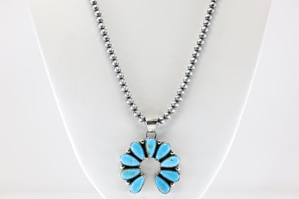 Native America Navajo Sterling Silver Turquoise Pendant By T.Smith. With Machine Made Pearl Beaded