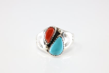 Native America Navajo Sterling Silver Coral & Turquoise Ring By M.L.