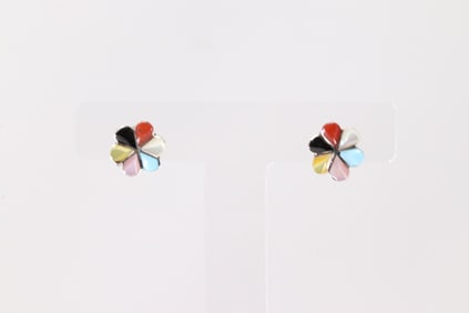 Native America Zuni Sterling Silver Multicolor Stone Post Earring's By Raymond Bobelu.
