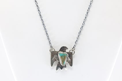 Native America Zuni Sterling Silver Turquoise Eagle Necklace By Jude Candelaria.