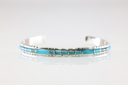 Native America Zuni Sterling Silver Turquoise Inlay Bracelet Cuff By Sheldon Lalio.