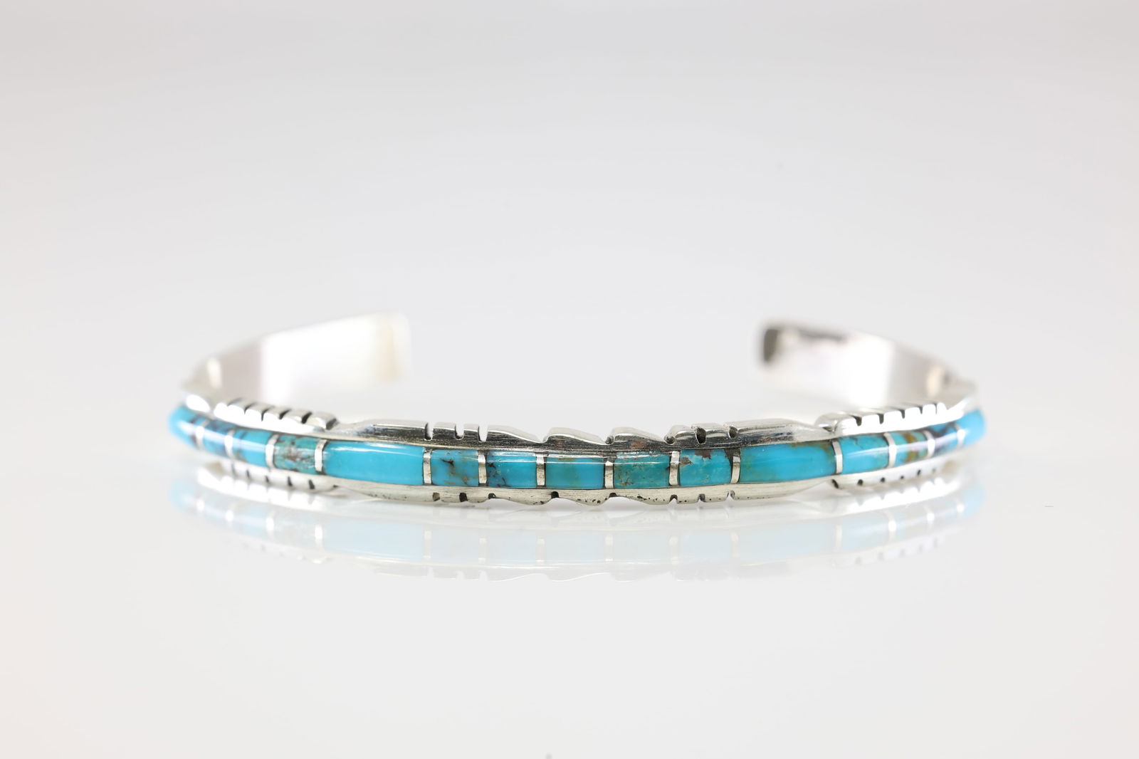 Native America Zuni Sterling Silver Turquoise Inlay Bracelet Cuff By Sheldon Lalio.: This is a Native America Zuni Sterling Silver Turquoise Inlay Bracelet Cuff By Sheldon Lalio.