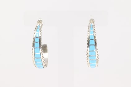Native America Zuni Sterling Silver Kingman Turquoise Inlay Hoop Earring's By Malcolm Chavez.