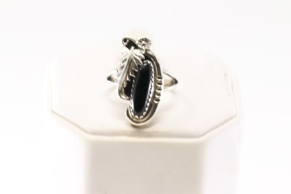 Native America Navajo Sterling Silver Black Onyx Feather Ring By Arlene Lewis.