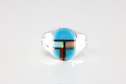 Native America Navajo Sterling Silver Multi-Color Stone Inlay Ring By M.L.