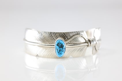Native America Navajo Sterling Silver Turquoise Feather Bracelet Cuff By Chris Charley.
