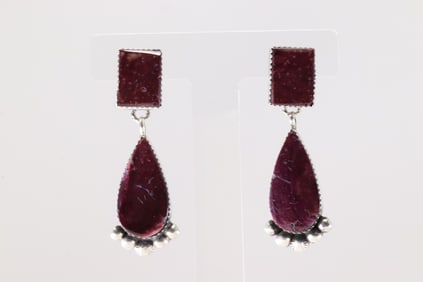 Native America Navajo Sterling Silver Purple Spiny Oyster Post Dangling Earring's By Selina Warner.