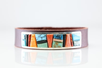 Native America Navajo Sterling Silver Multi-Color Stone Inlay Leather Bracelet By Hasi Hato.