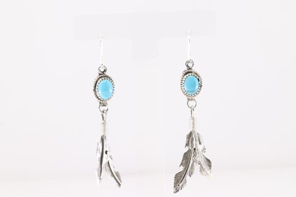 Native America Navajo Sterling Silver Turquoise Feather Dangling Earring's By Verley Betone.