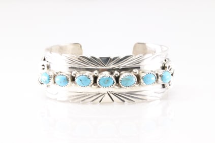 Native America Navajo Sterling Silver Number 8 Turquoise Bracelet Cuff By M.Thomes Jr.