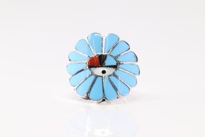 Native America Zuni Sterling Silver Multicolor Stone Inlay Ring By Burdian Soseeah.