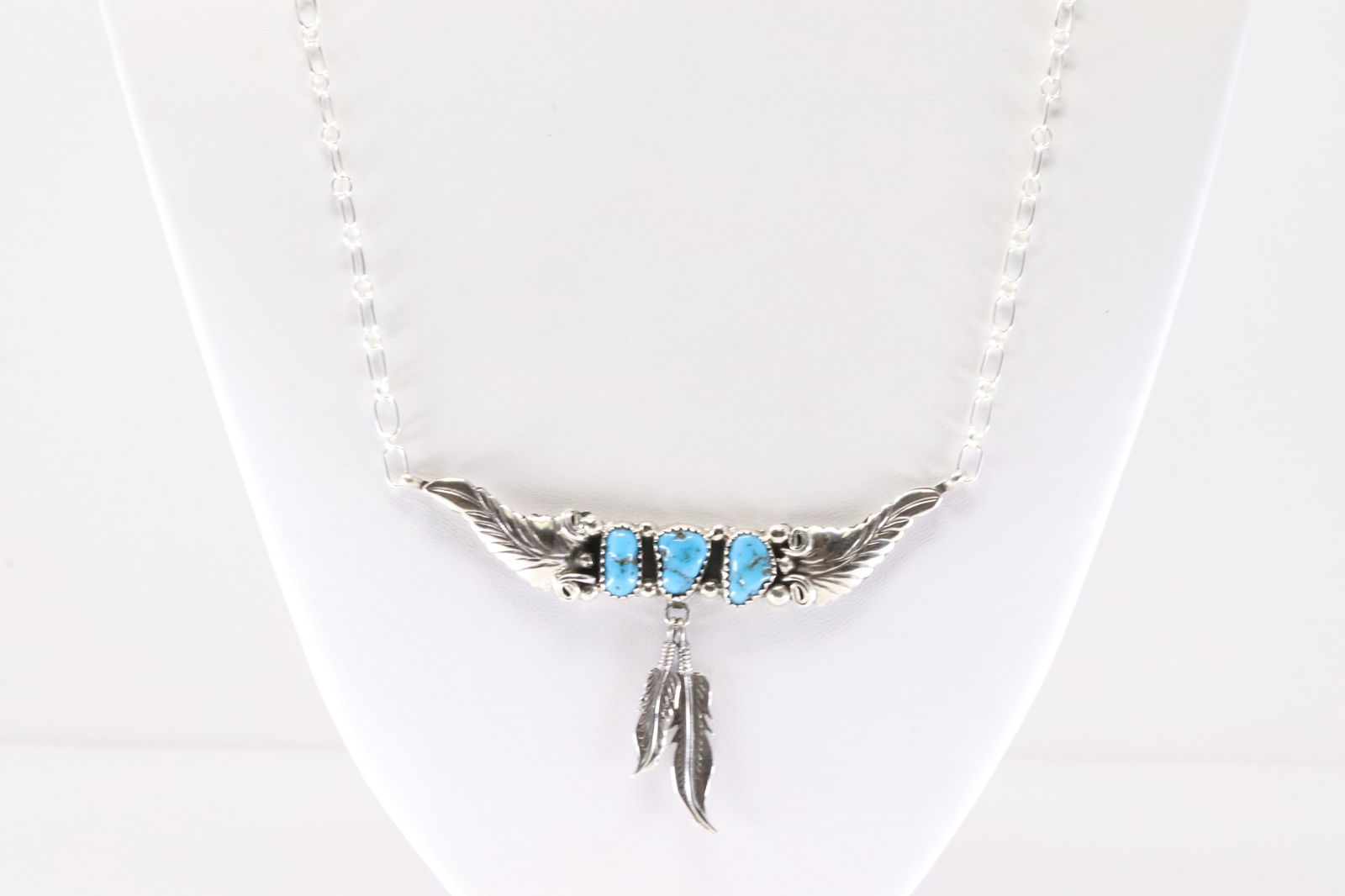 Native America Navajo Sterling Silver Turquoise Feather Necklace By Sadie Jim. From R.B Company. (1 of 4)