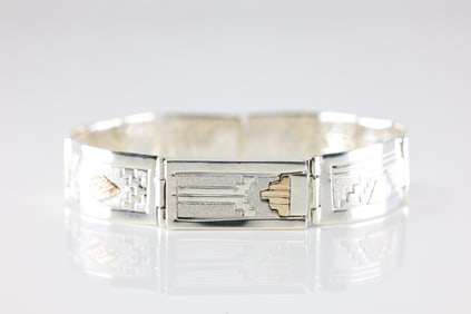 Native America Navajo Sterling Silver Stamp Design Bracelet with 12K G.F.By A.L.
