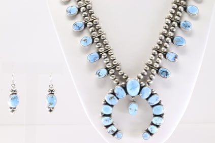 Native America Navajo Sterling Silver Turquoise Squash Blossom Necklace & Earring's Set By T.Smith.