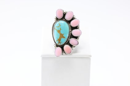 Native America Navajo Sterling Silver Pink Conch Shell & Kingman Turquoise Ring By Geraldine James.