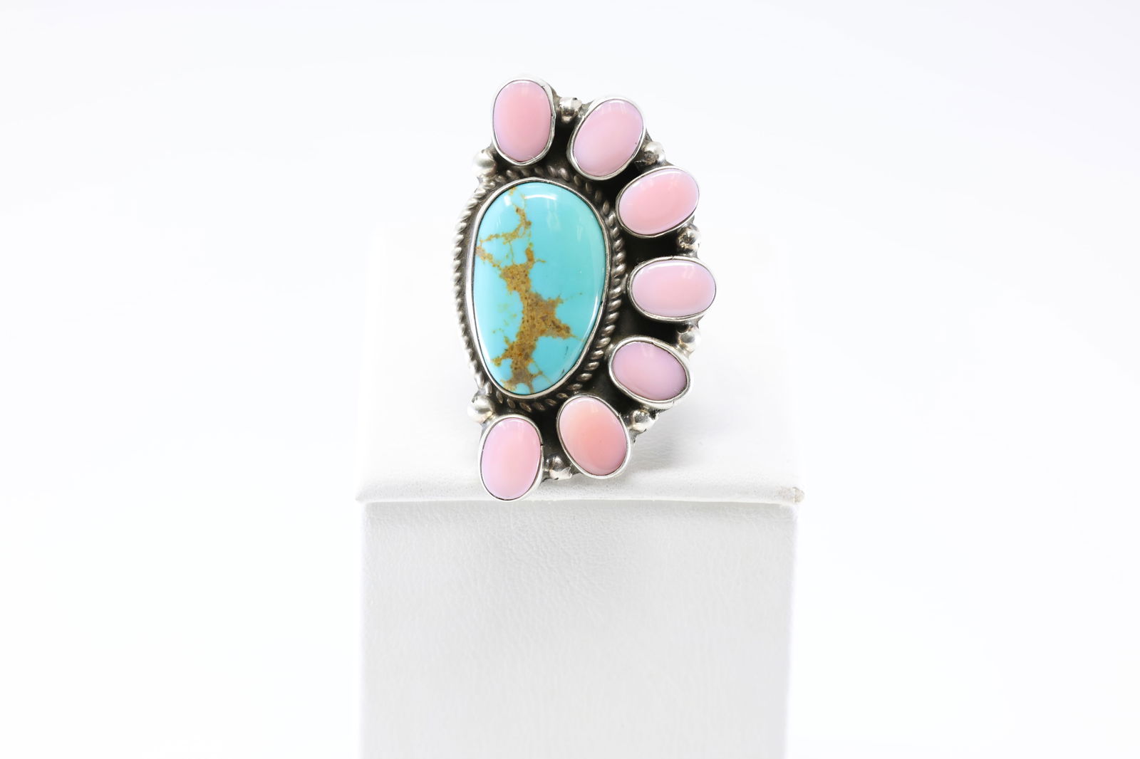 Native America Navajo Sterling Silver Pink Conch Shell & Kingman Turquoise Ring By Geraldine James. (1 of 4)